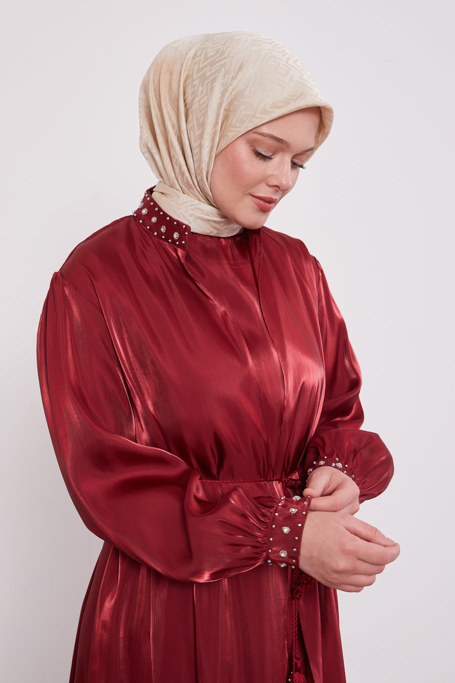 Organza 2 Piece Detailed Kimono Set Burgundy 520716