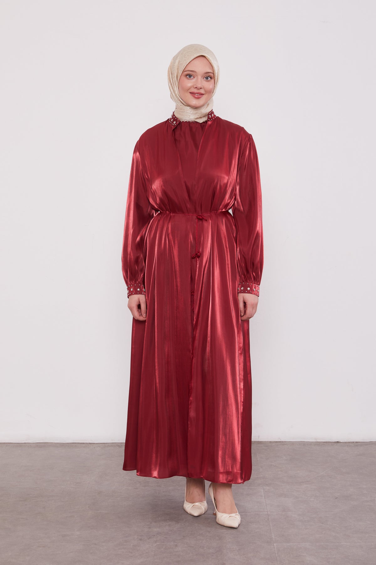 Organza 2 Piece Detailed Kimono Set Maroon