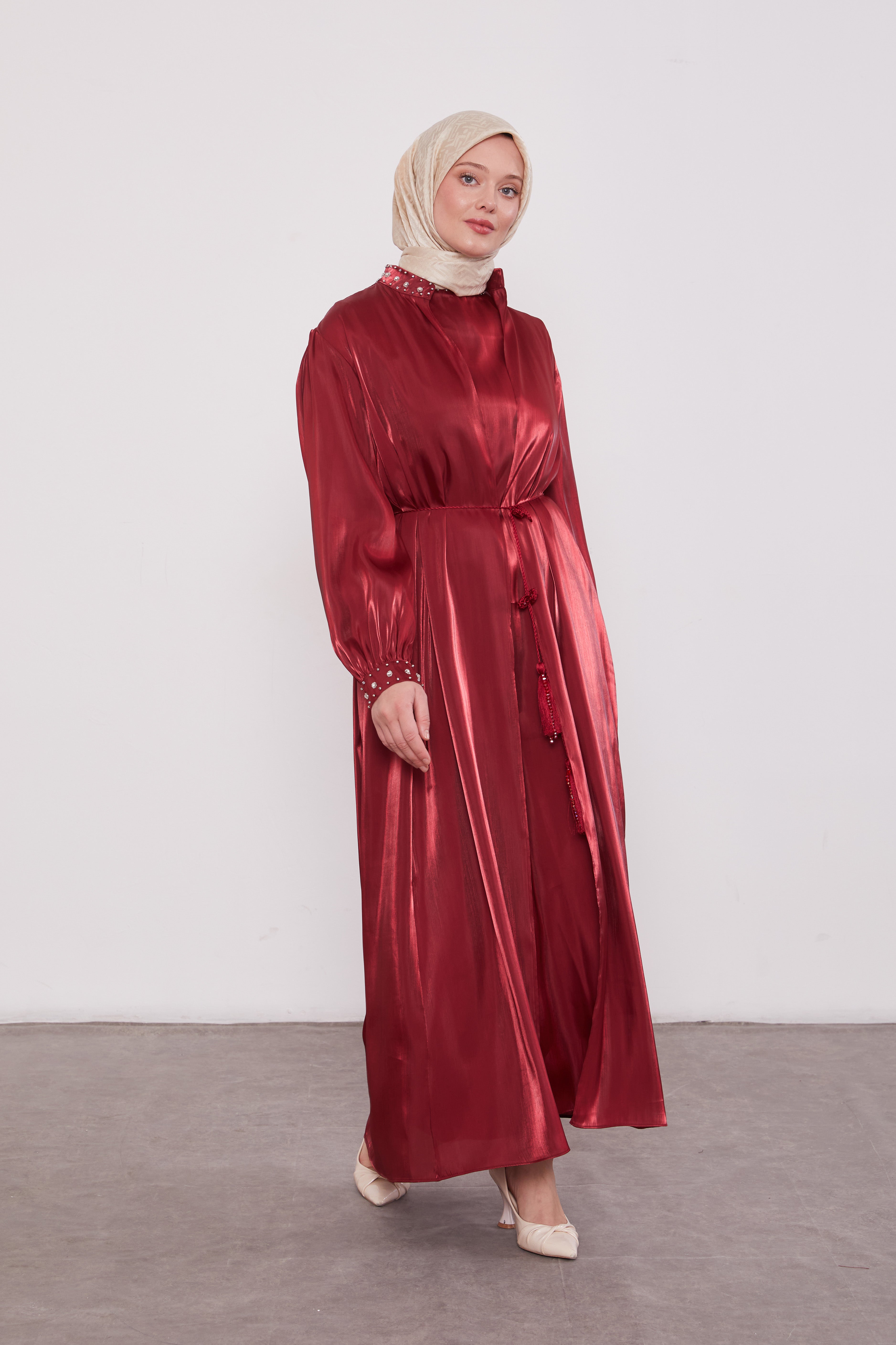 Organza 2 Piece Detailed Kimono Set Maroon