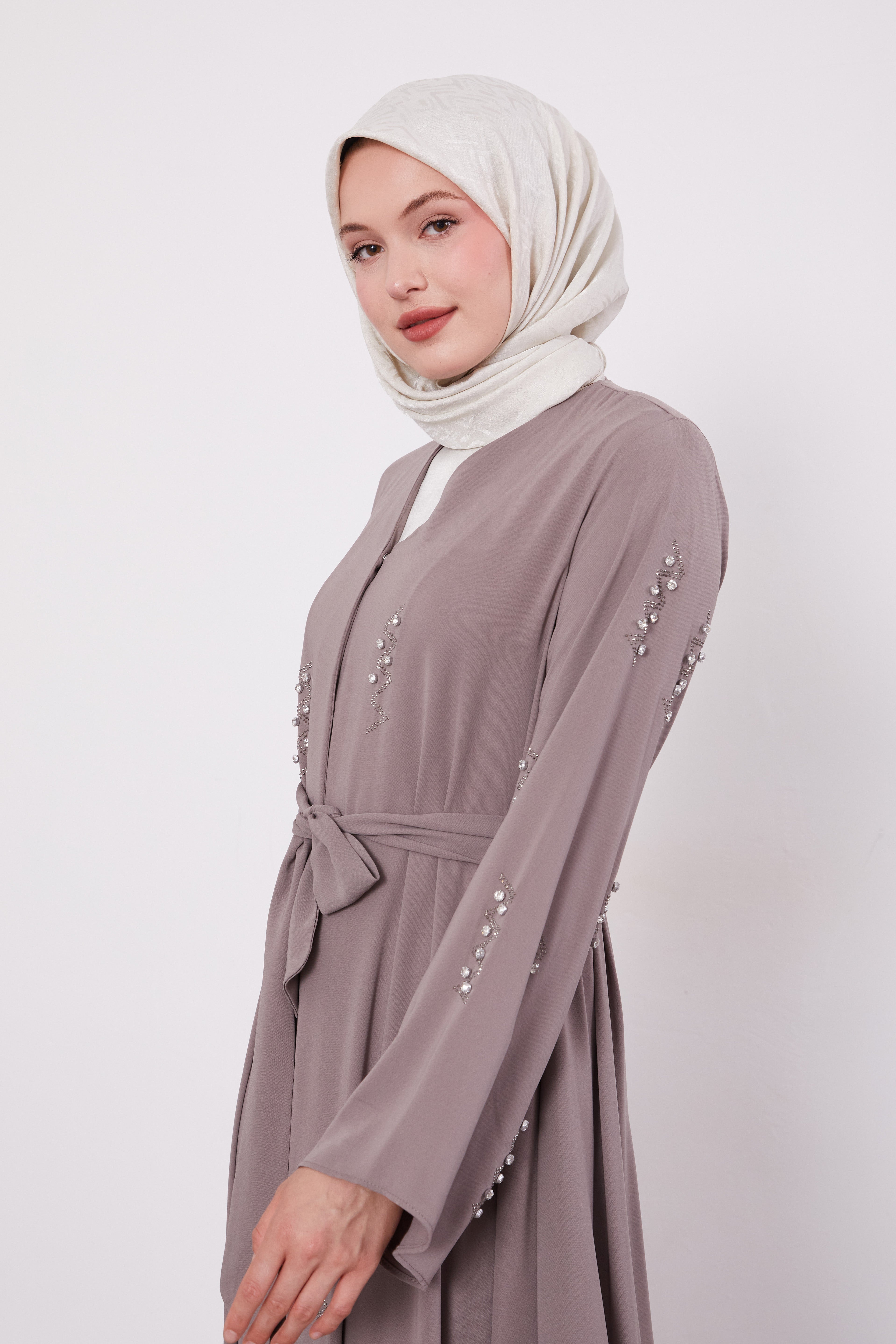 Pearl Constellation Buttoned Abaya Mink 520369