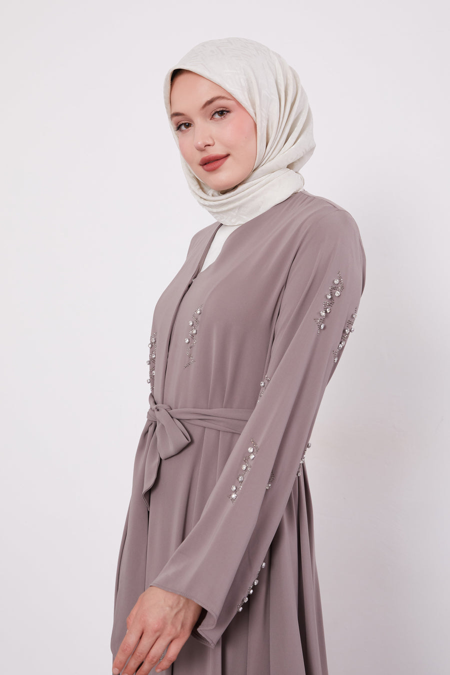 Pearl Constellation Buttoned Abaya Mink 520369
