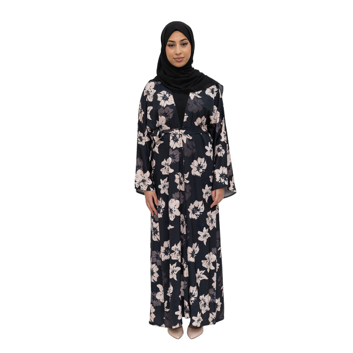 Satin Floral Kimono Abaya Black ASL-646