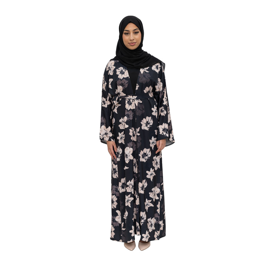 Satin Floral Kimono Abaya Black ASL-646