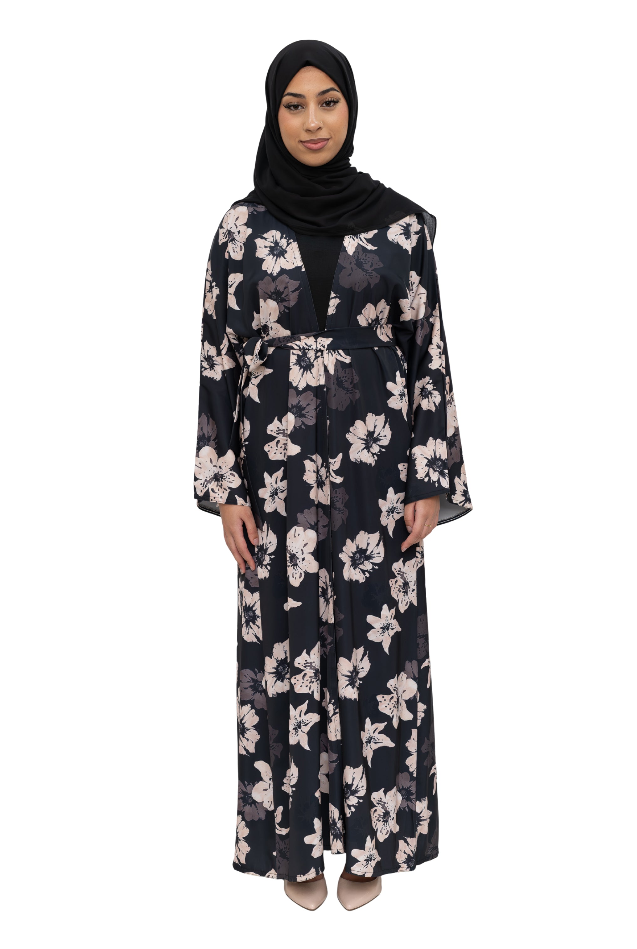 Satin Floral Kimono Abaya Black ASL-646