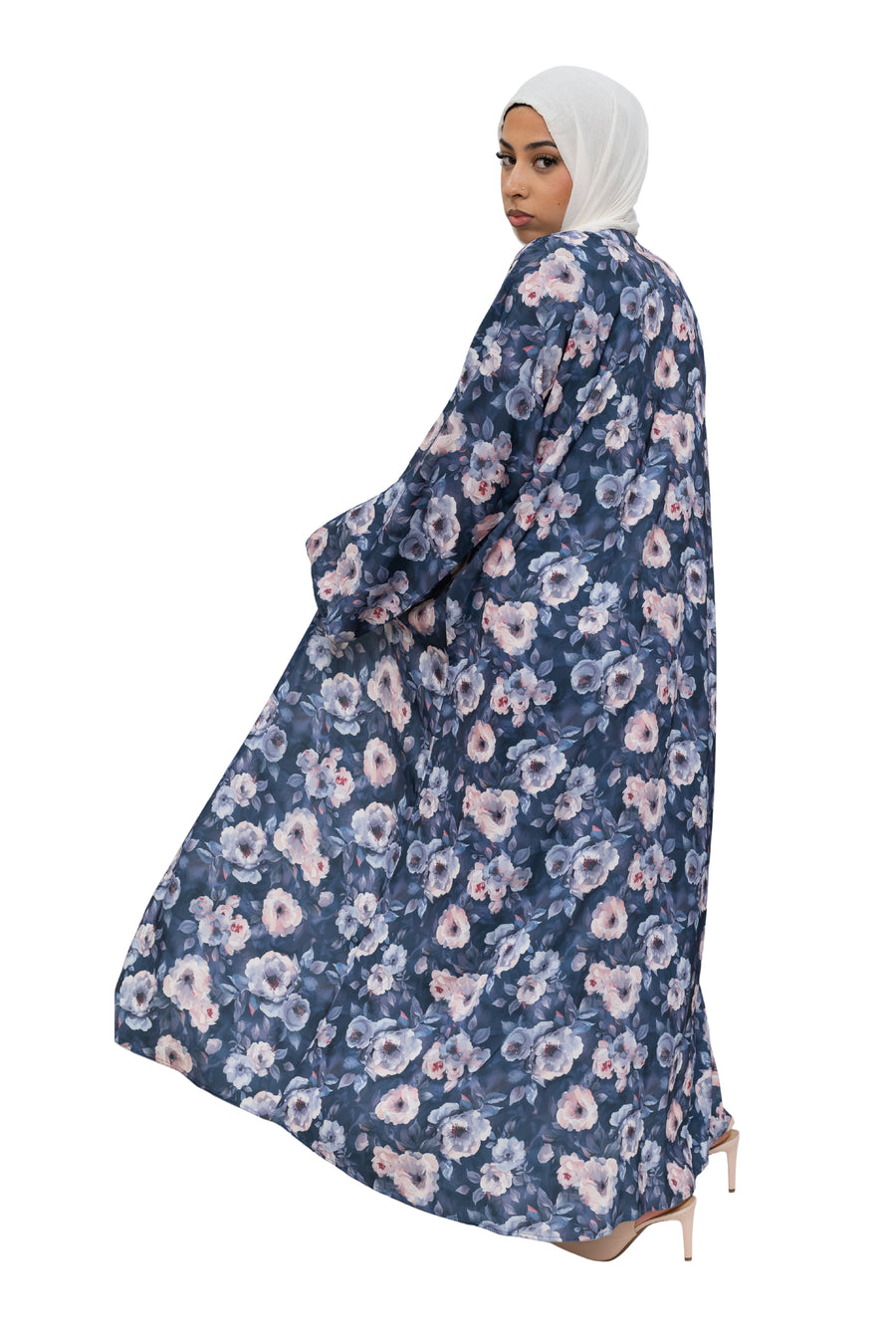 Satin Floral Kimono Abaya Blue ASL-647