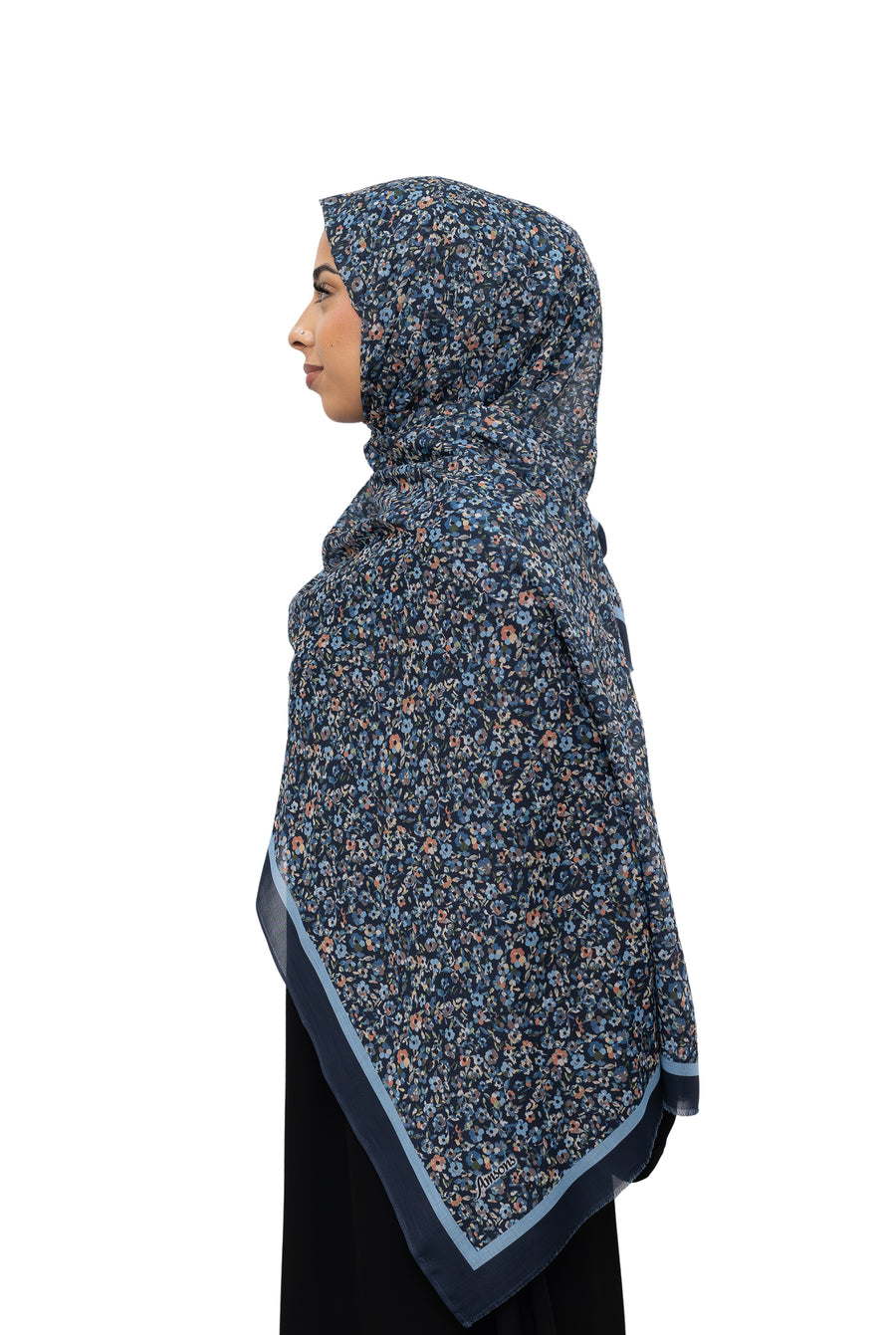 Exclusive Cotton Print Hijab Floral Navy Blue Col 10