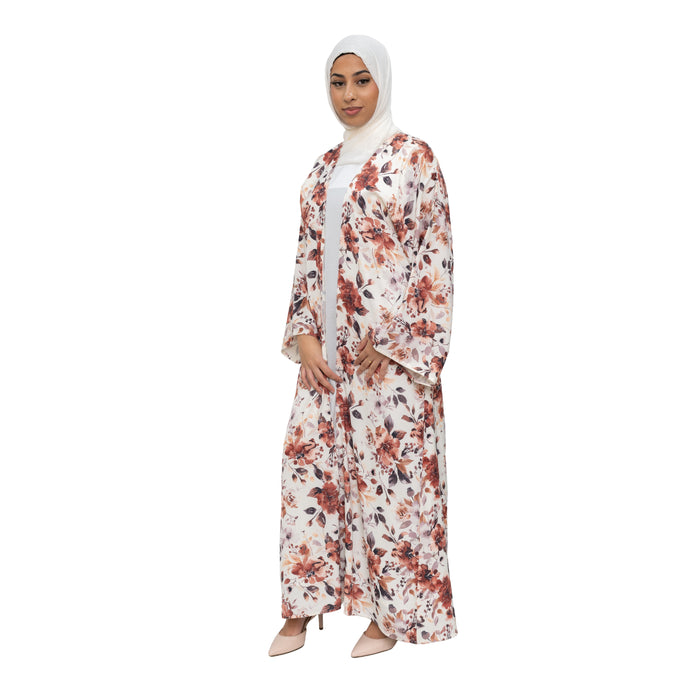 Satin Floral Kimono Abaya White Pink ASL-648