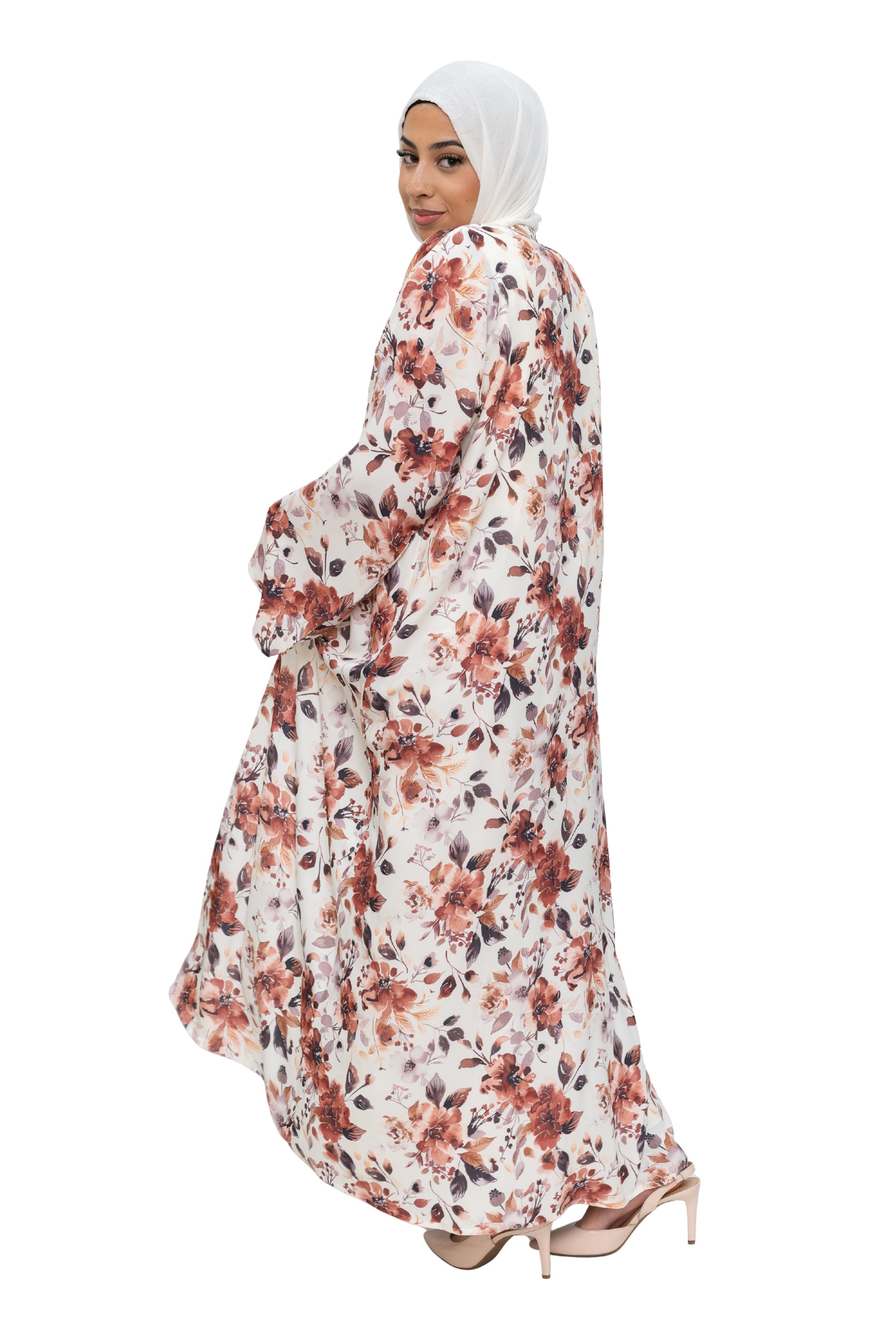 Satin Floral Kimono Abaya White Pink ASL-648