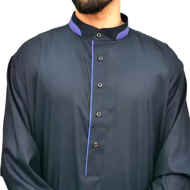 Men's Collared Textured Navy and Denim Thobe 651- 3 image 1