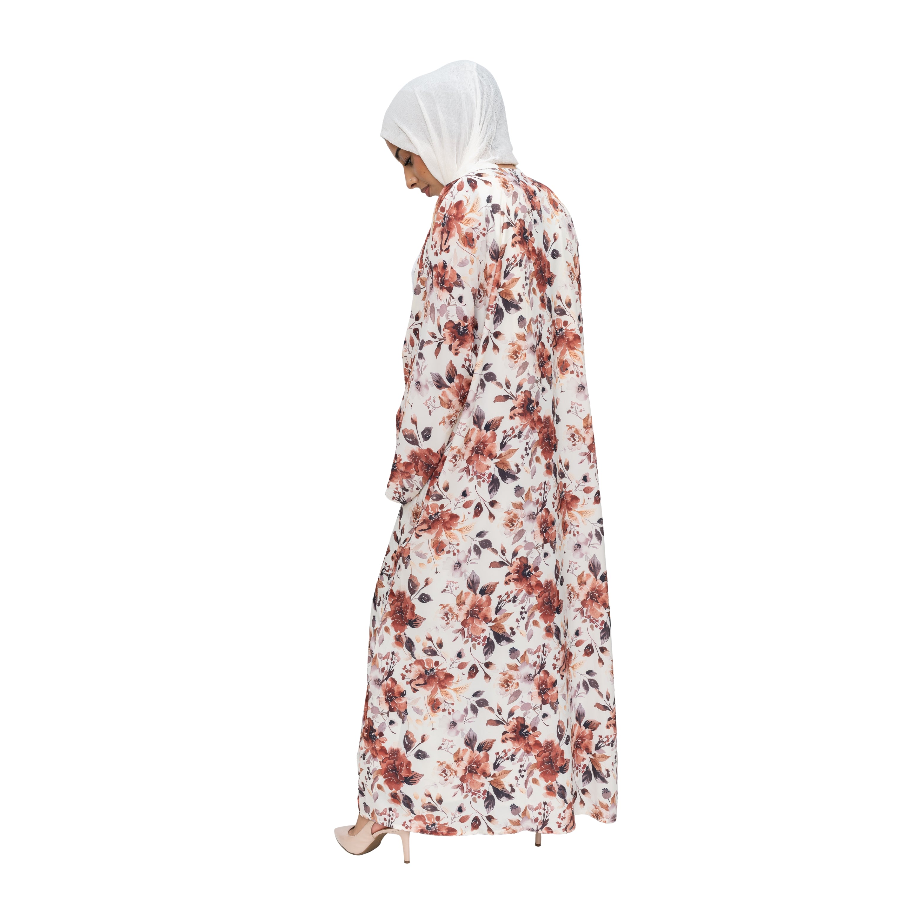 Satin Floral Kimono Abaya White Pink ASL-648