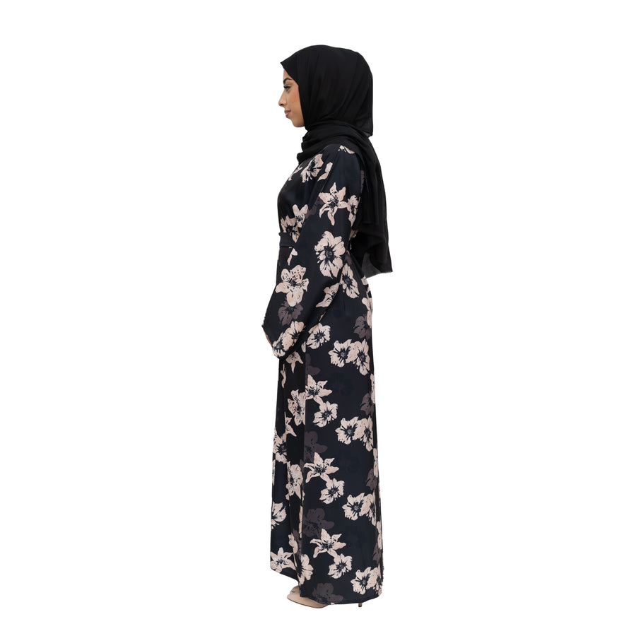 Satin Floral Kimono Abaya Black ASL-646