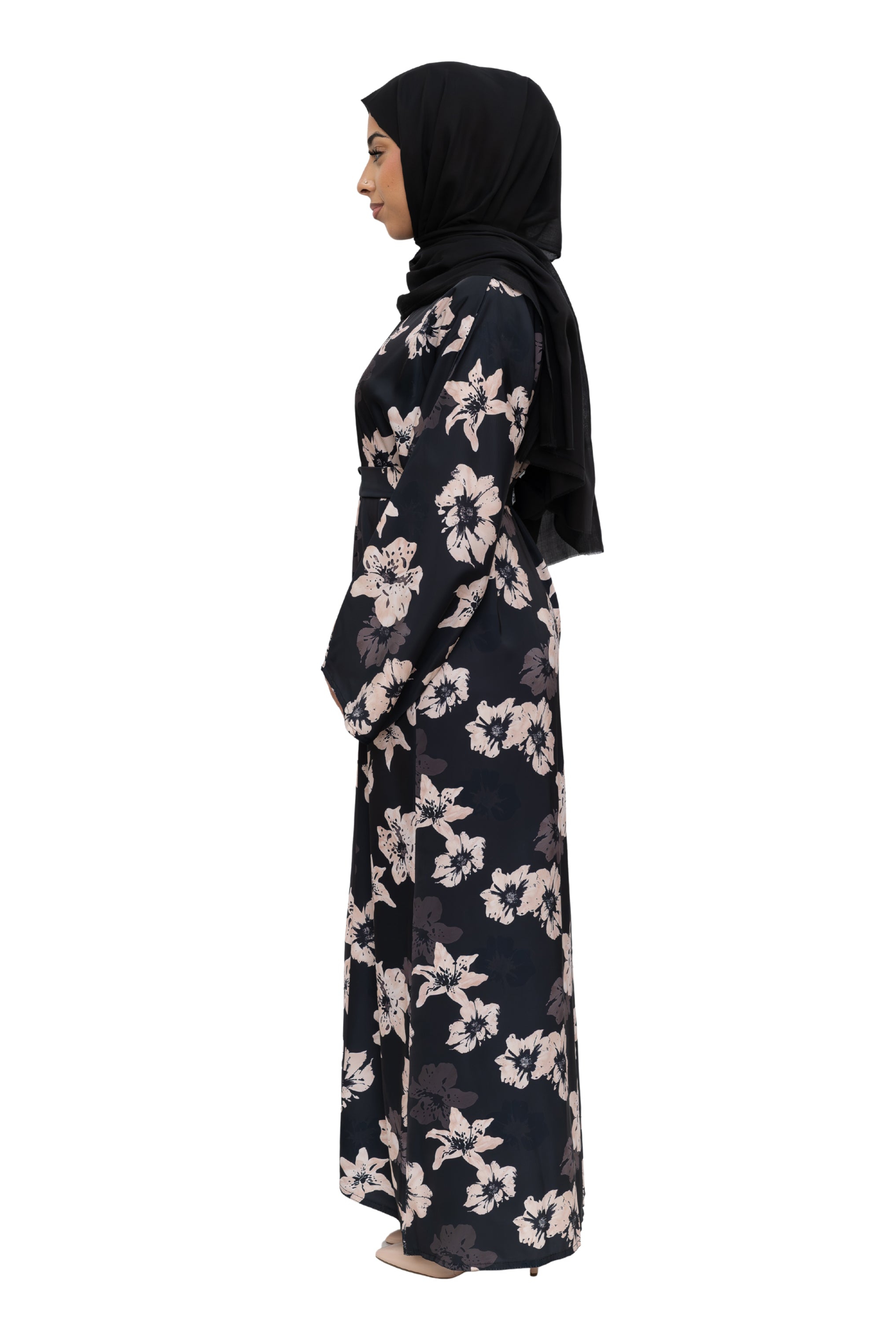 Satin Floral Kimono Abaya Black ASL-646