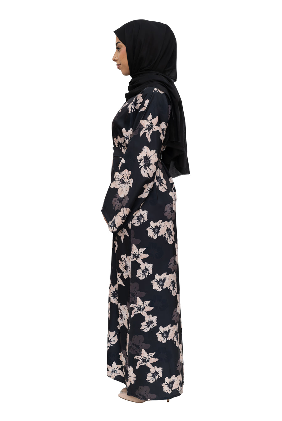 Satin Floral Kimono Abaya Black ASL-646