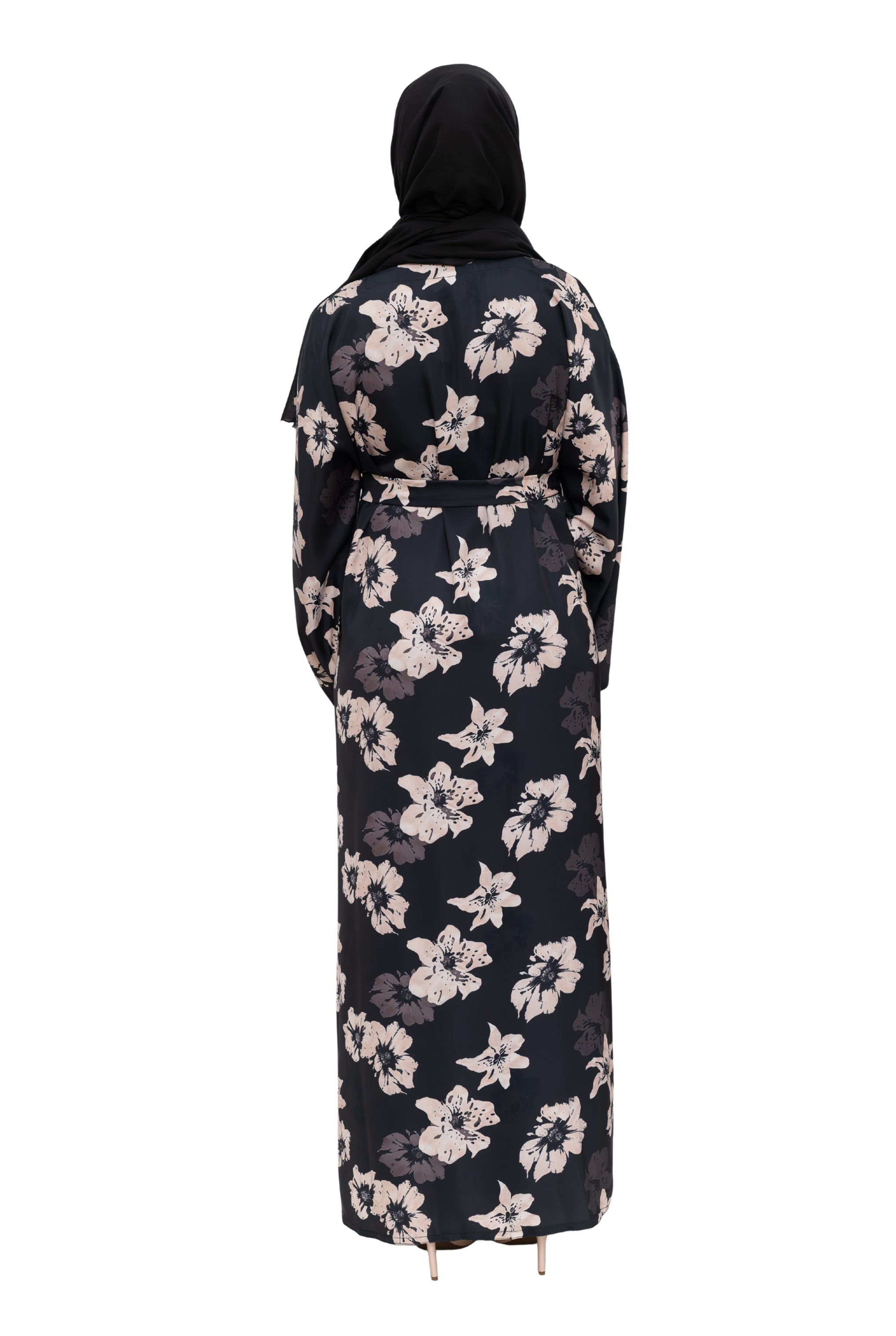 Satin Floral Kimono Abaya Black ASL-646