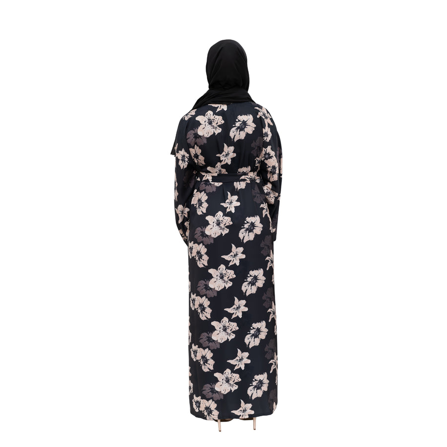 Satin Floral Kimono Abaya Black ASL-646