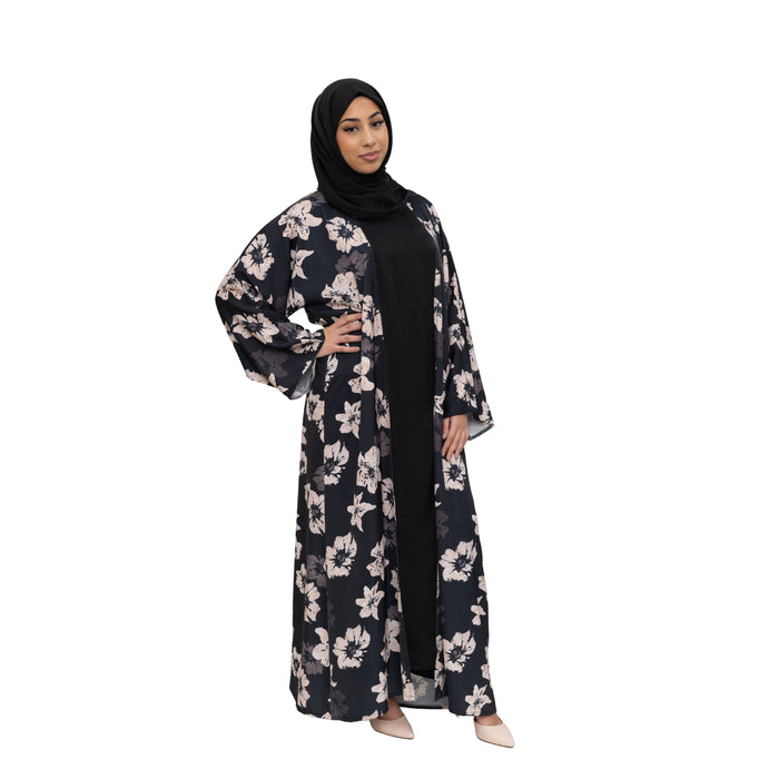 Satin Floral Kimono Abaya Black ASL-646