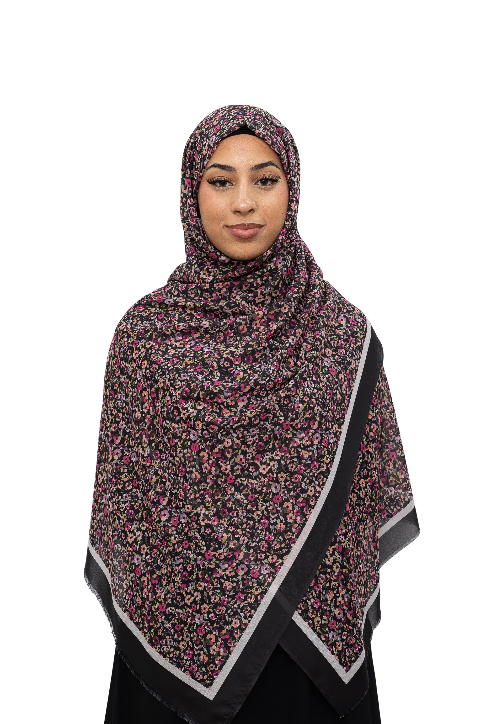 Exclusive Cotton Print Hijab Floral Black White Col 2