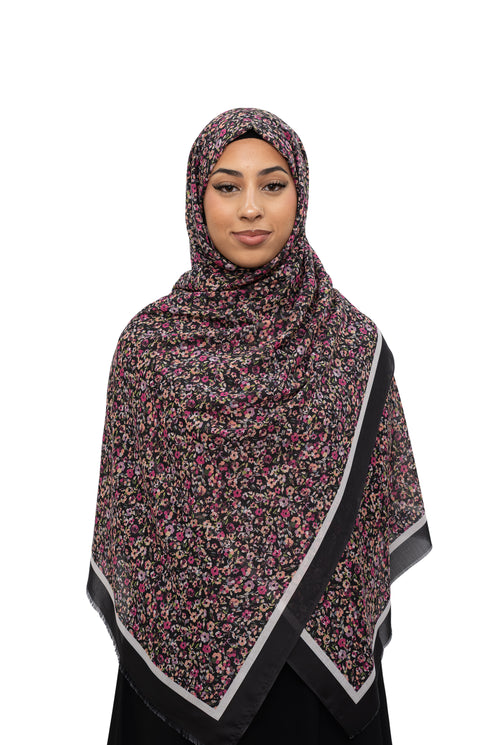 Exclusive Cotton Print Hijab Floral Black White Col 2