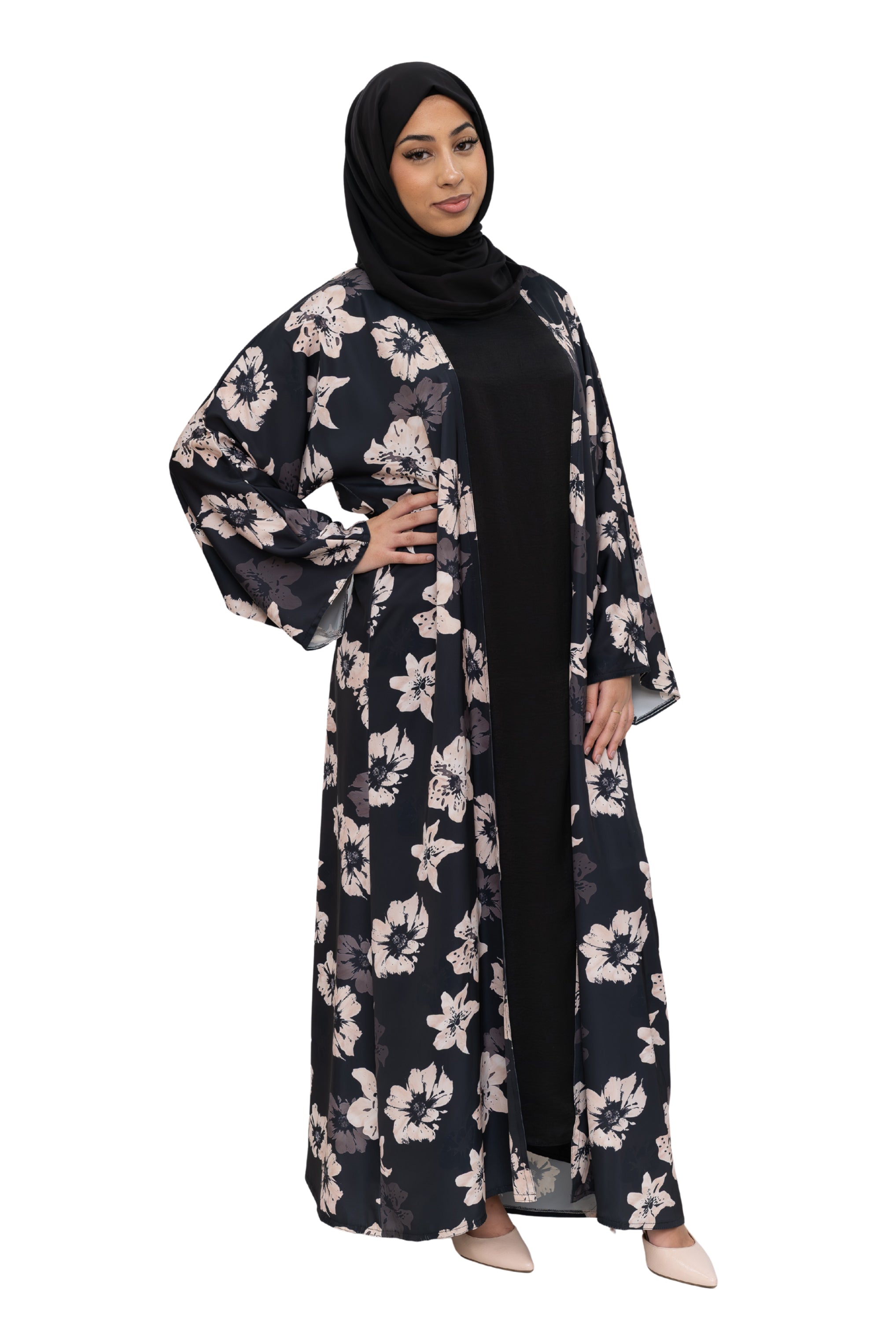 Satin Floral Kimono Abaya Black ASL-646