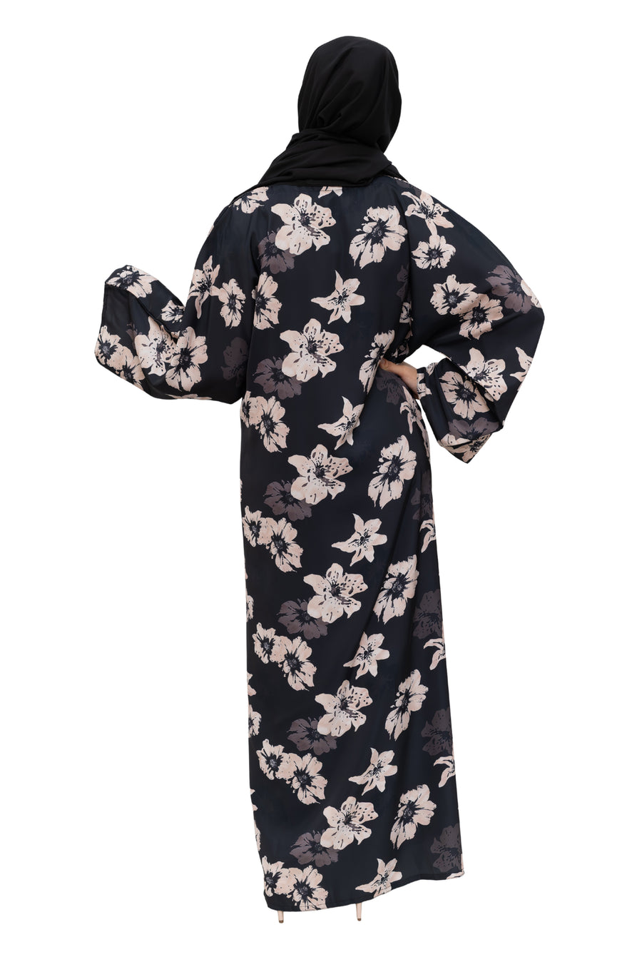 Satin Floral Kimono Abaya Black ASL-646