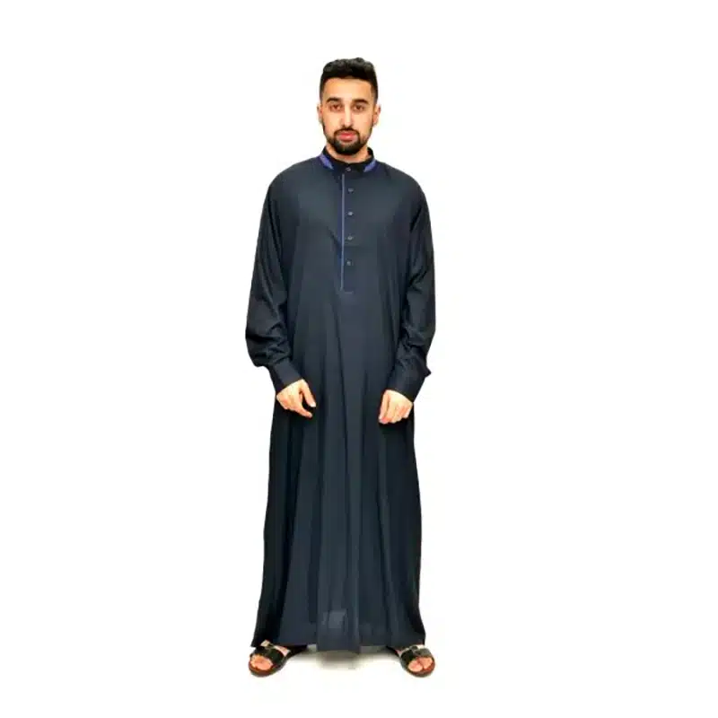 Men's Collared Textured Navy and Denim Thobe 651- 3 image 5