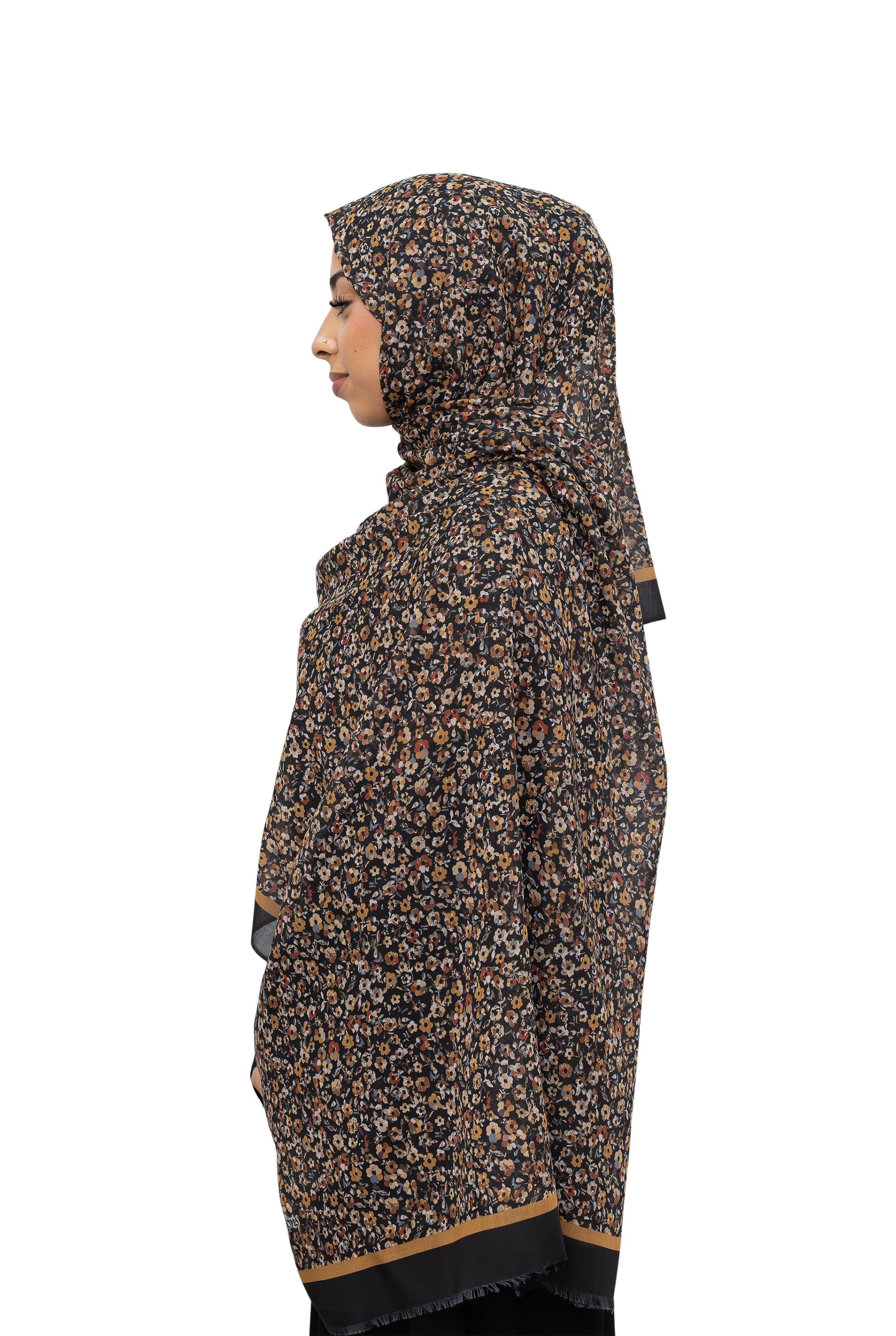 Exclusive Cotton Print Hijab Floral Black Mustard Col 4