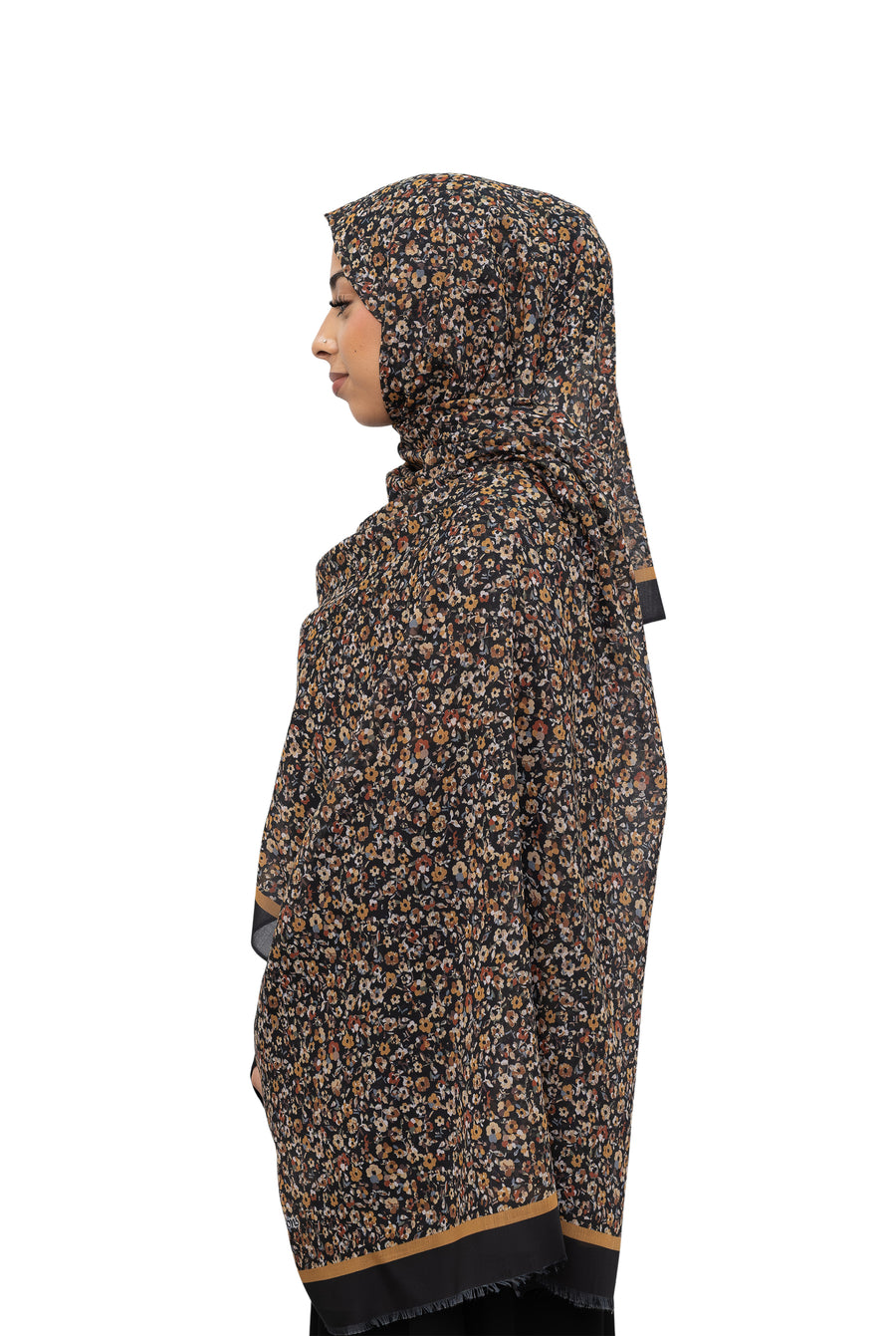 Exclusive Cotton Print Hijab Floral Black Mustard Col 4
