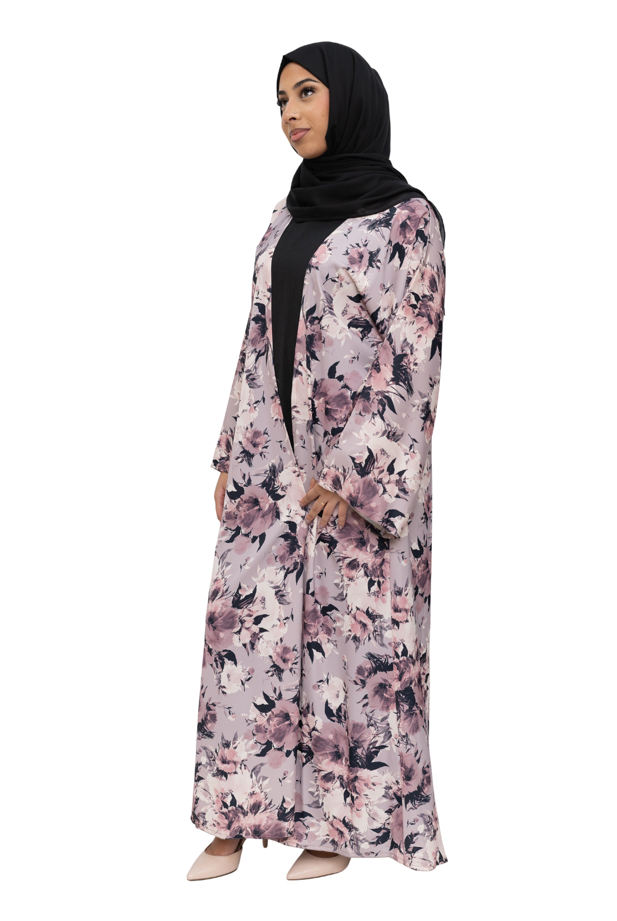 Satin Floral Kimono Abaya Pastel Pink ASL-645
