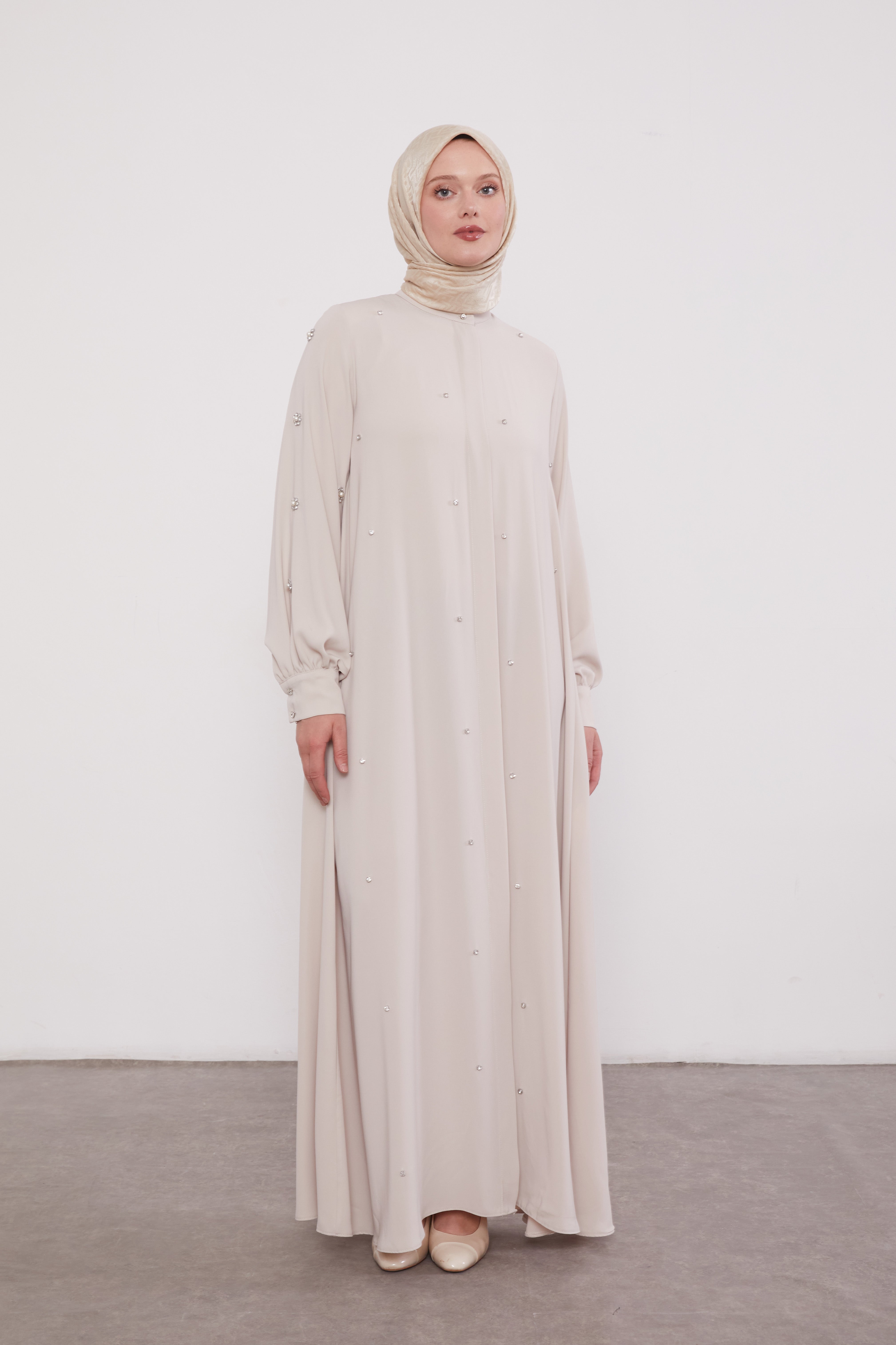 Finest Jewel Buttoned Abaya Cream
