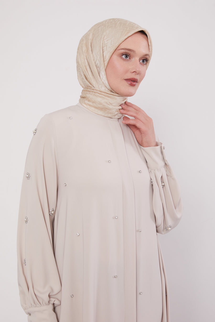 Finest Jewel Buttoned Abaya Beige 520701