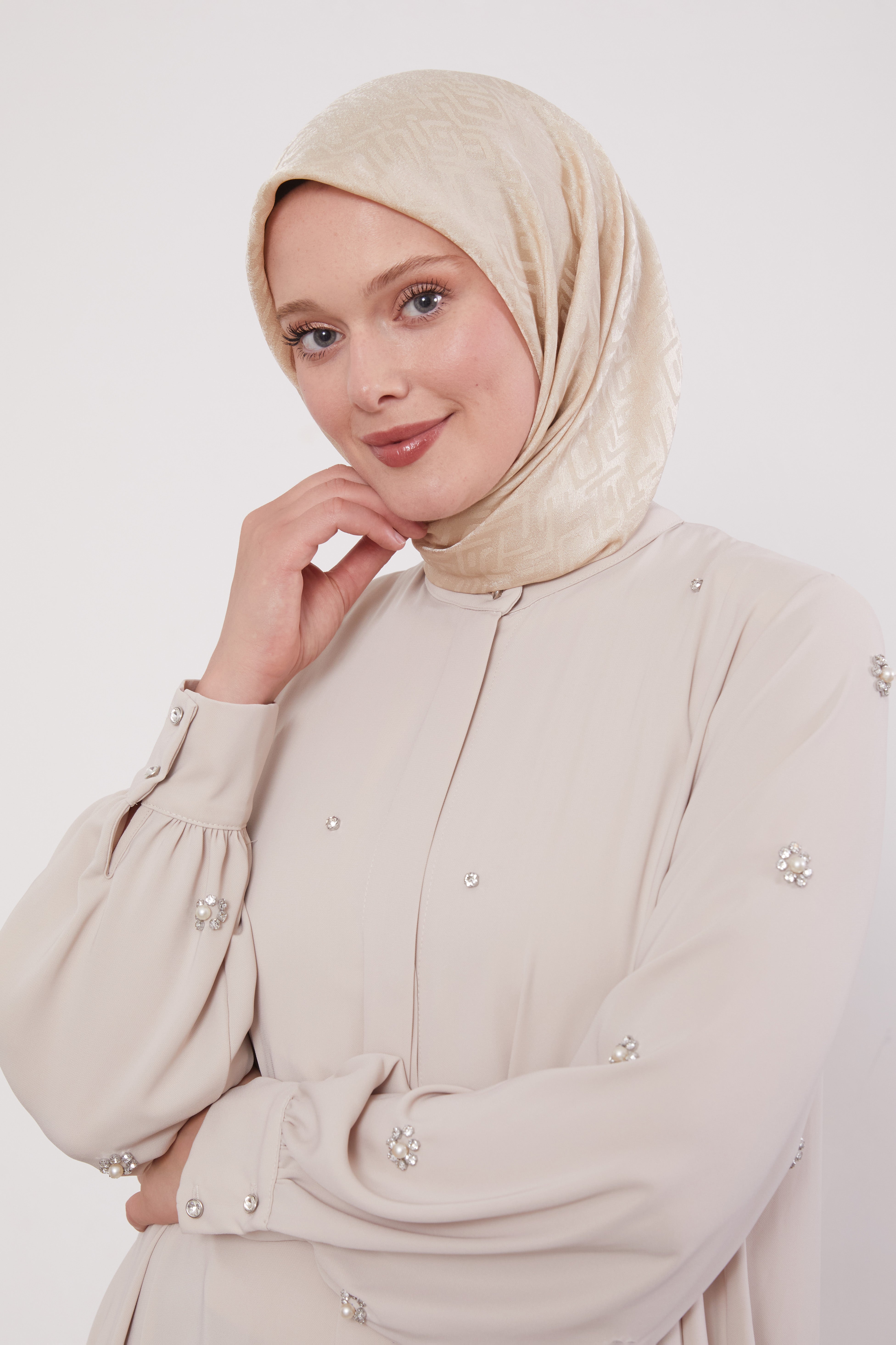 Finest Jewel Buttoned Abaya Cream