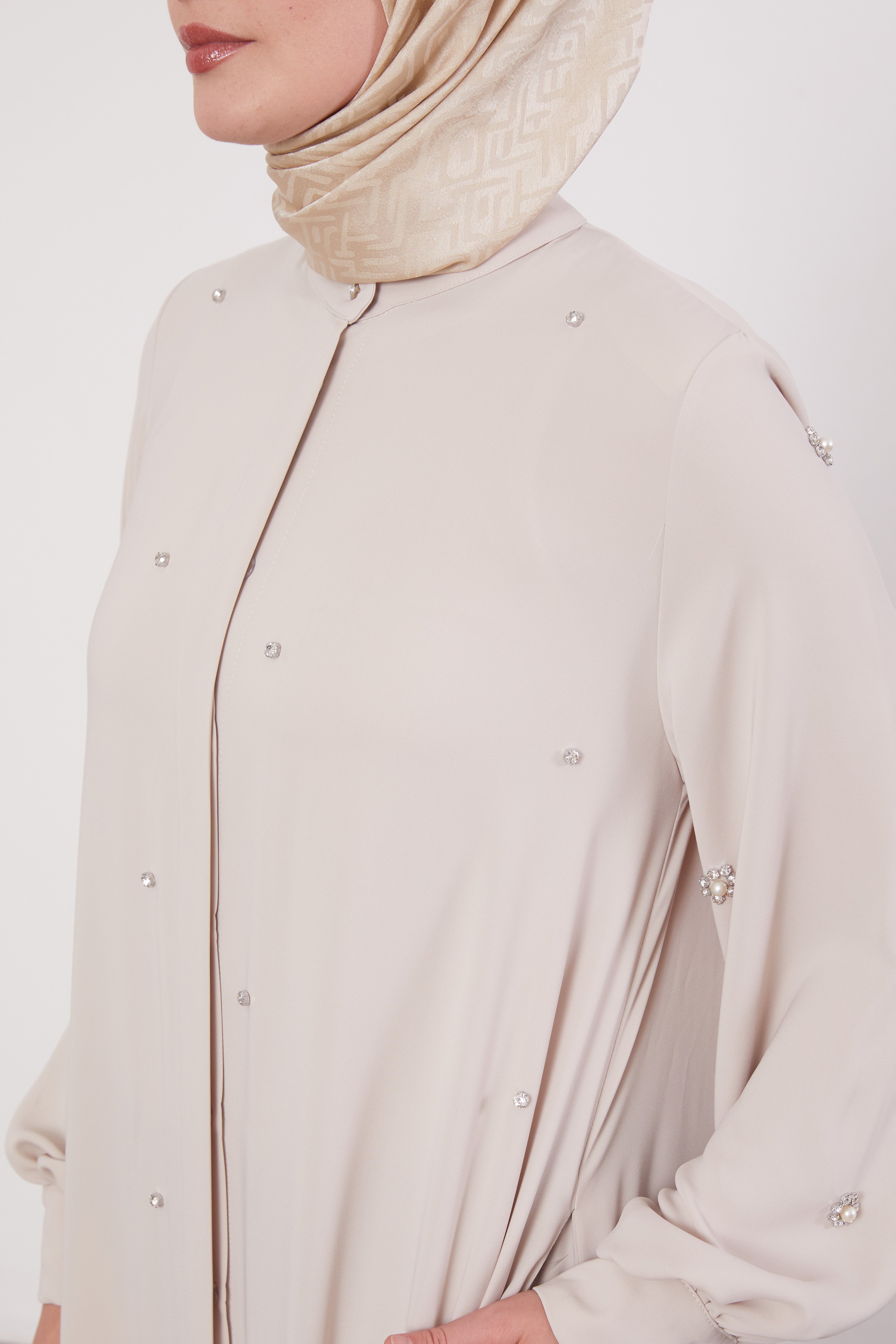 Finest Jewel Buttoned Abaya Cream
