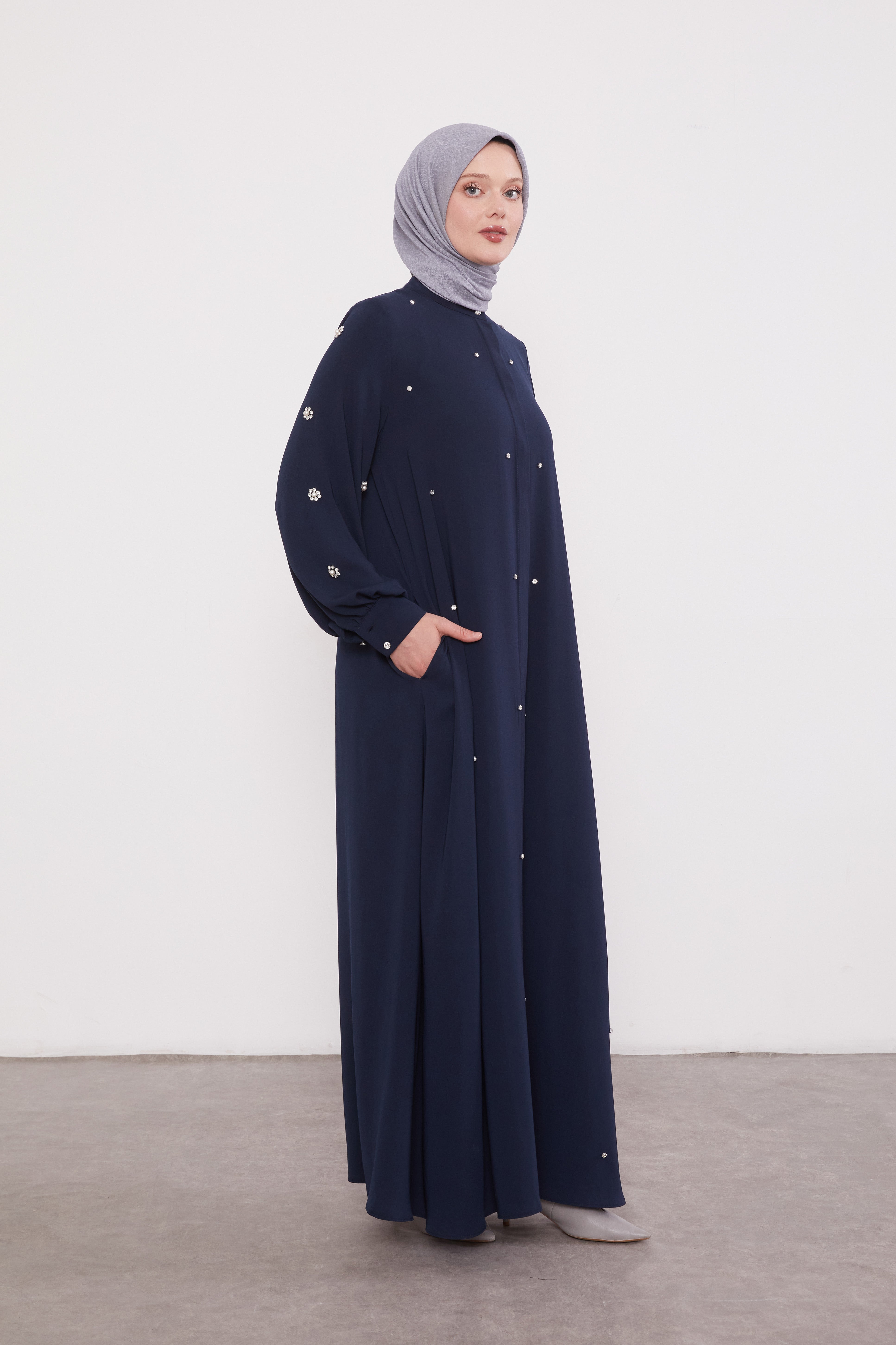 Finest Jewel Buttoned Abaya Navy