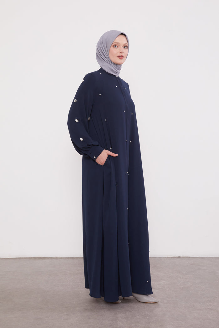 Finest Jewel Buttoned Abaya Navy 520701
