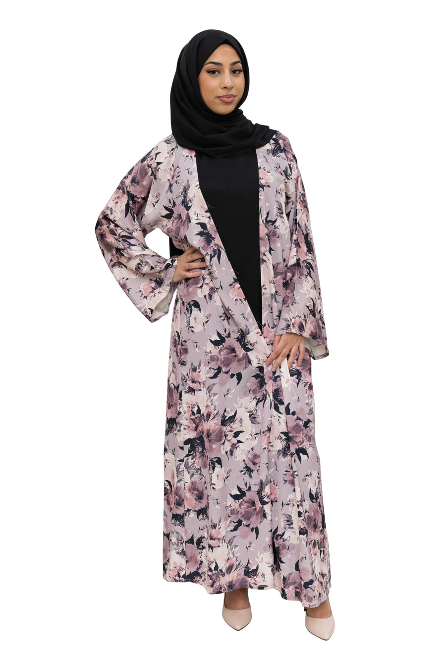 Satin Floral Kimono Abaya Pastel Pink ASL-645