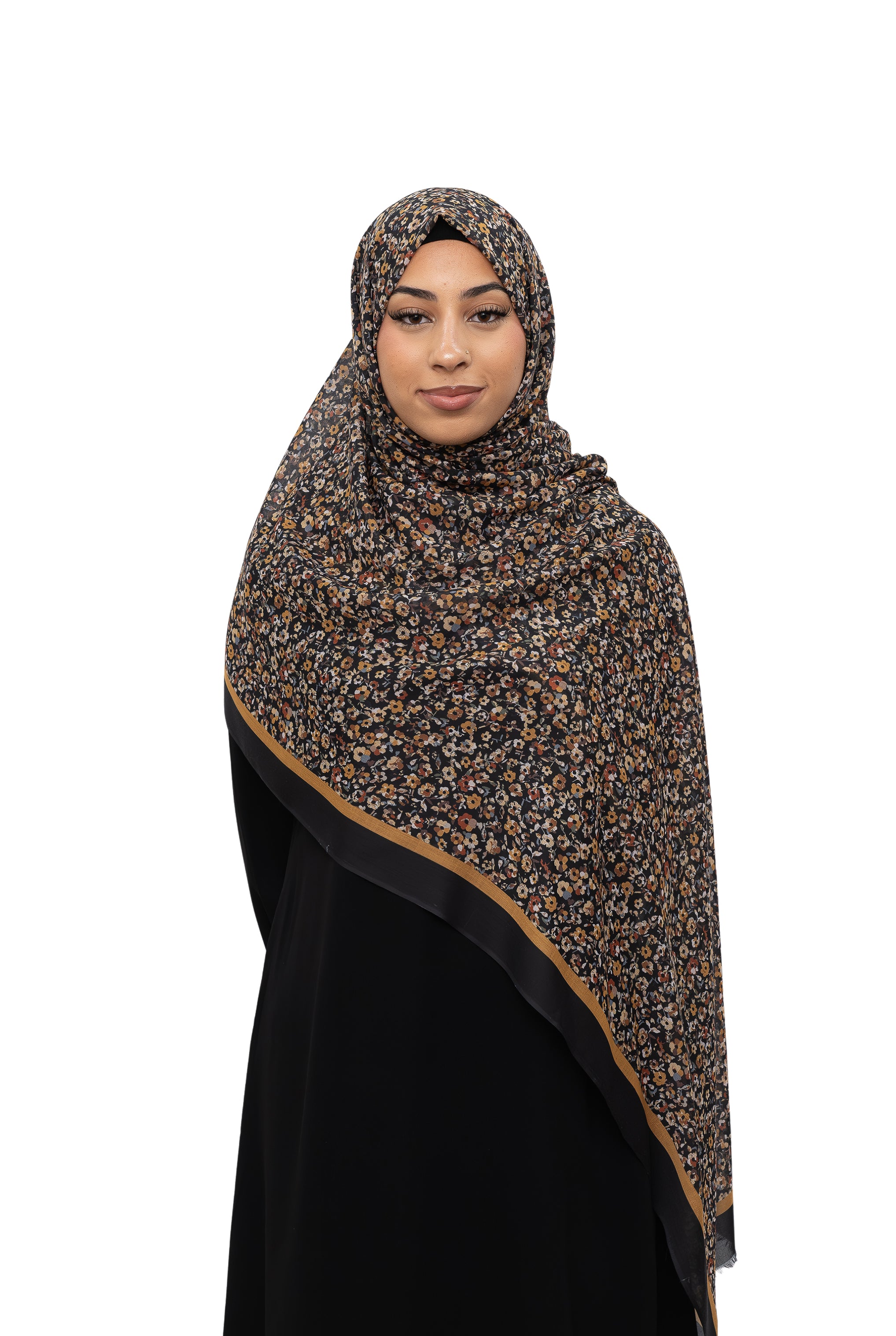 Exclusive Cotton Print Hijab Floral Black Mustard Col 4