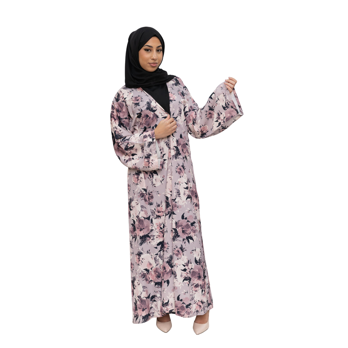 Satin Floral Kimono Abaya Pastel Pink ASL-645