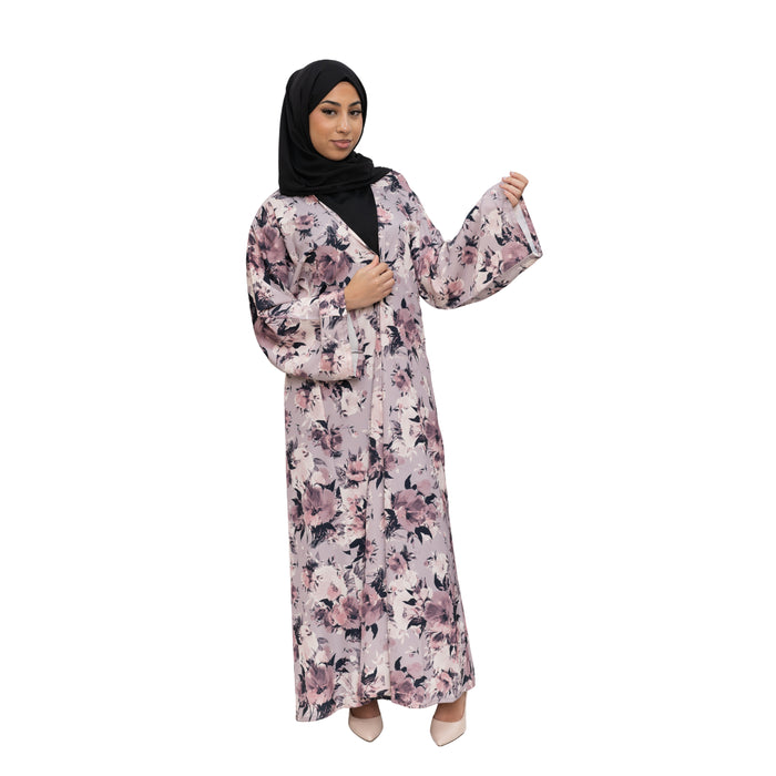 Satin Floral Kimono Abaya Pastel Pink ASL-645