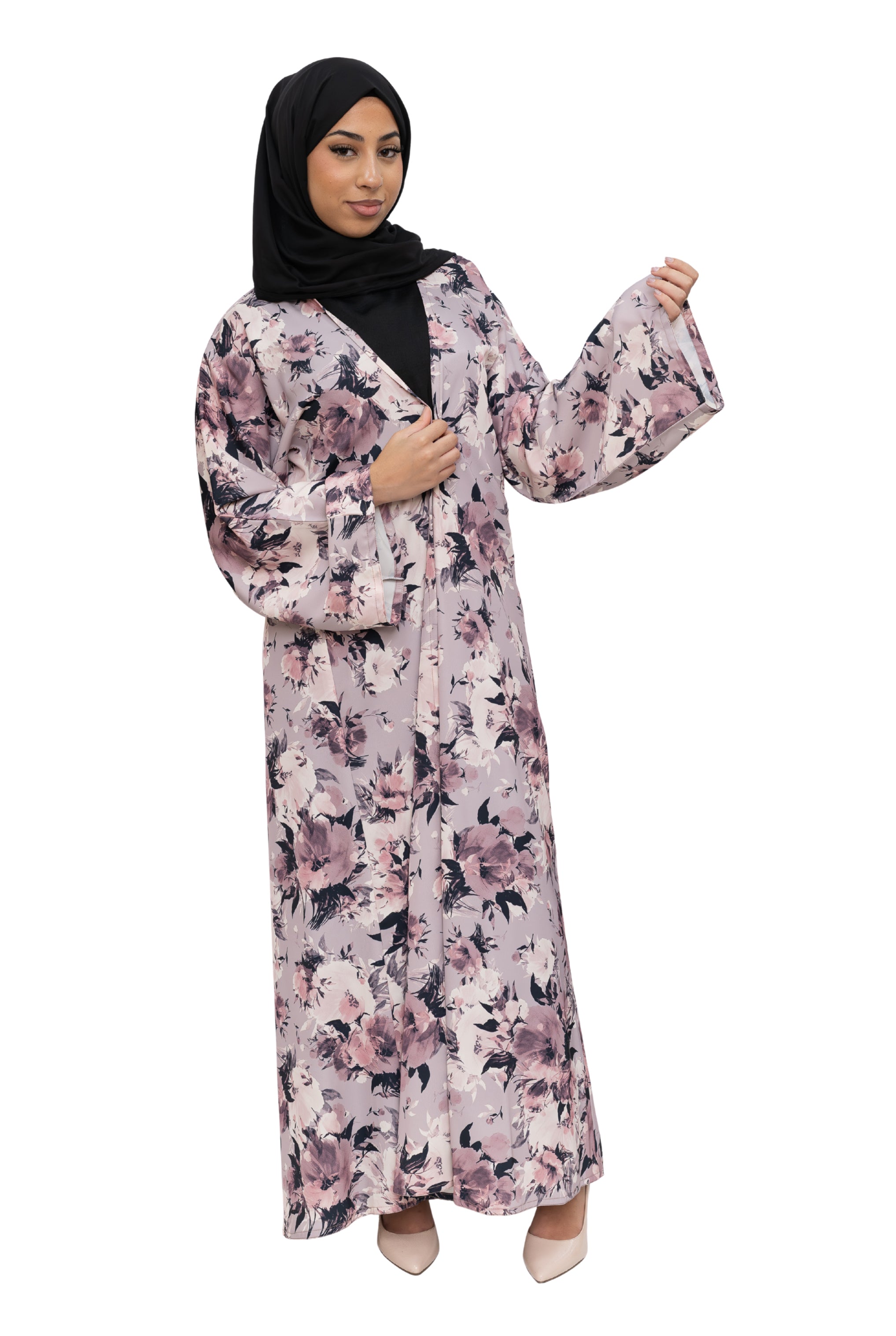 Satin Floral Kimono Abaya Pastel Pink ASL-645