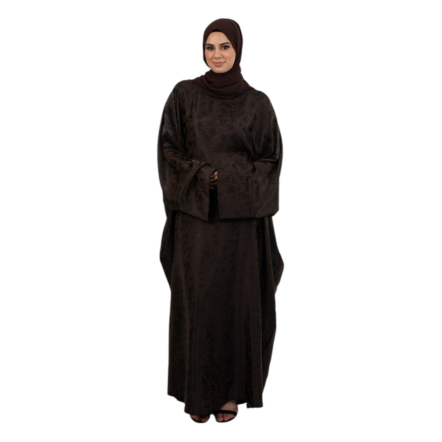 Brown Jacquard Belted Batwing Abaya ASL-636-3