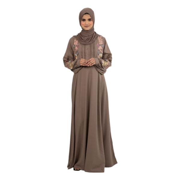 Coffee Floral Embroidered Plicate Abaya