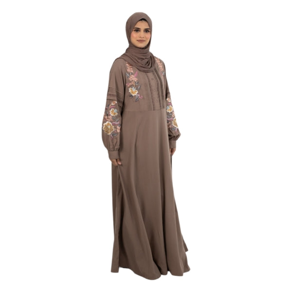 Coffee Floral Embroidered Plicate Abaya
