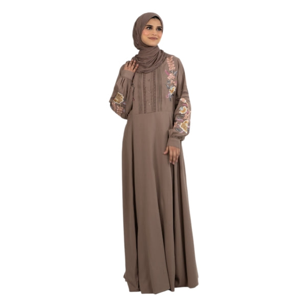 Coffee Floral Embroidered Plicate Abaya