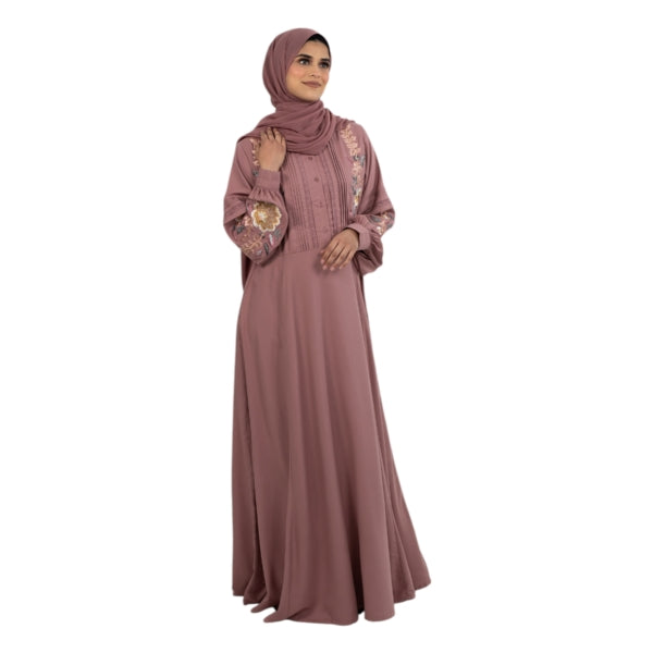 Dusty Pink Floral Embroidered Plicate Abaya ASAK-228