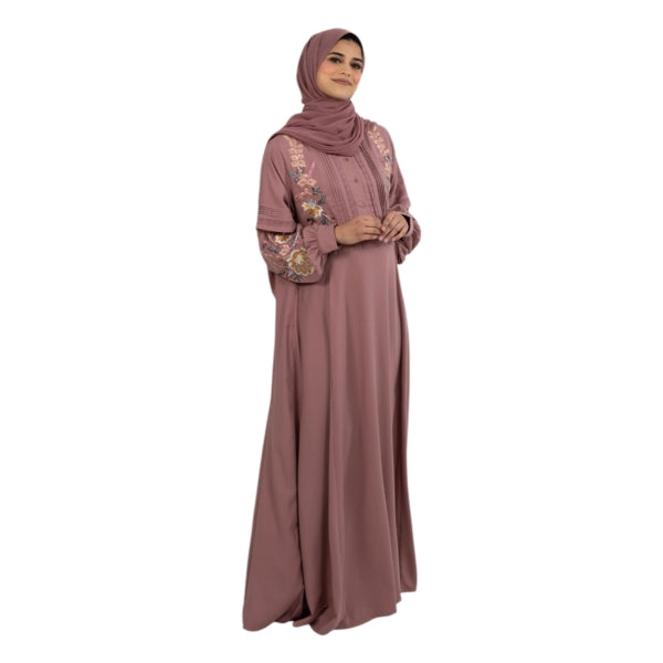 Dusty Pink Floral Embroidered Plicate Abaya ASAK-228