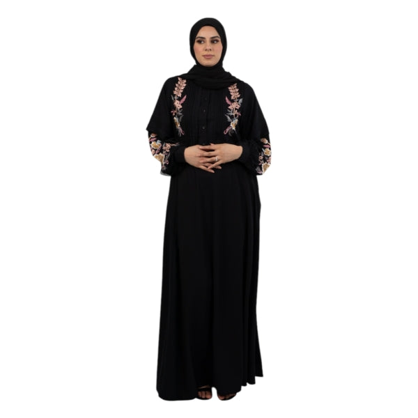 Black Floral Embroidered Plicate Abaya ASAK-228