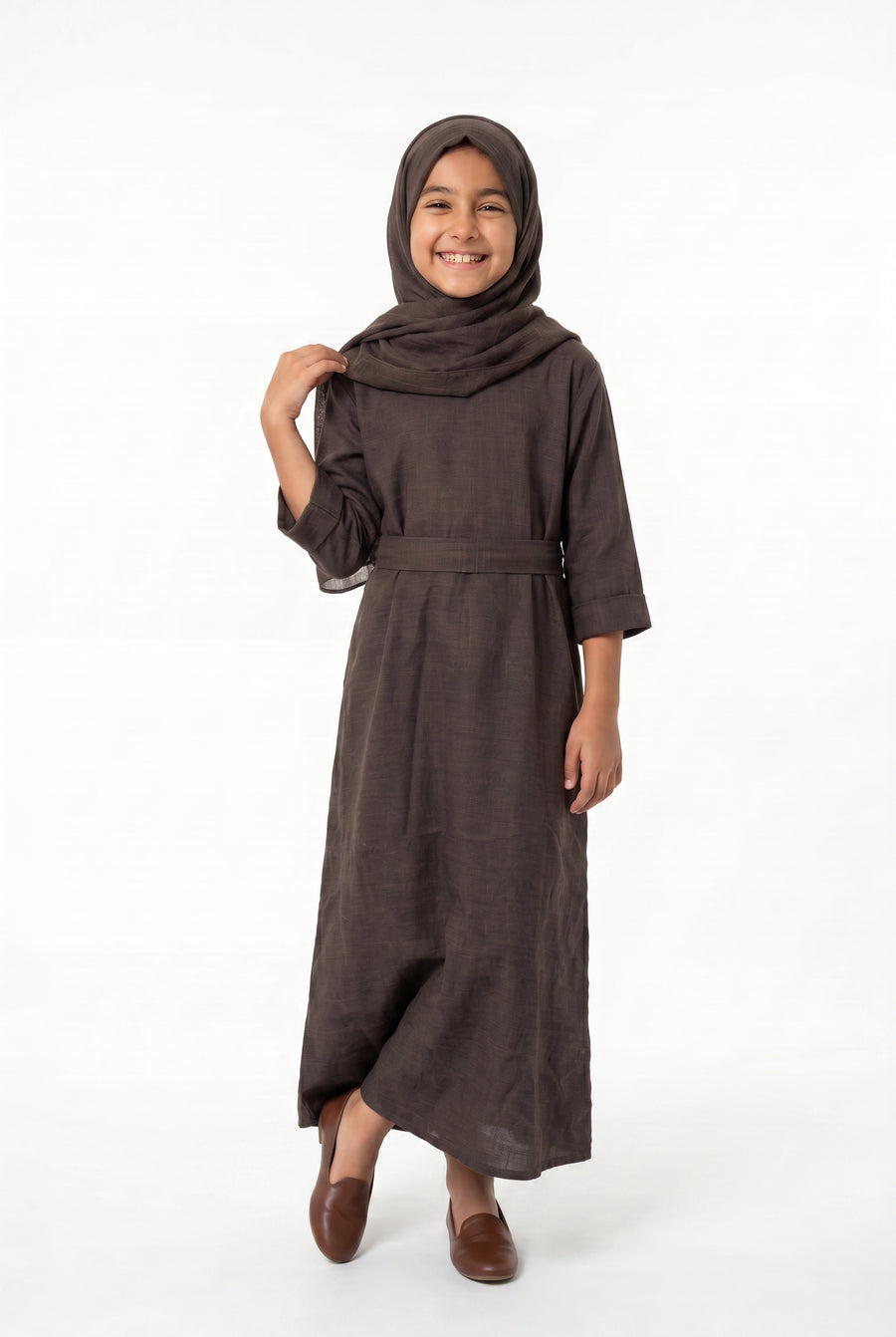 Girls Aaliyah Linen Abaya Chocolate Brown 559k Col 10