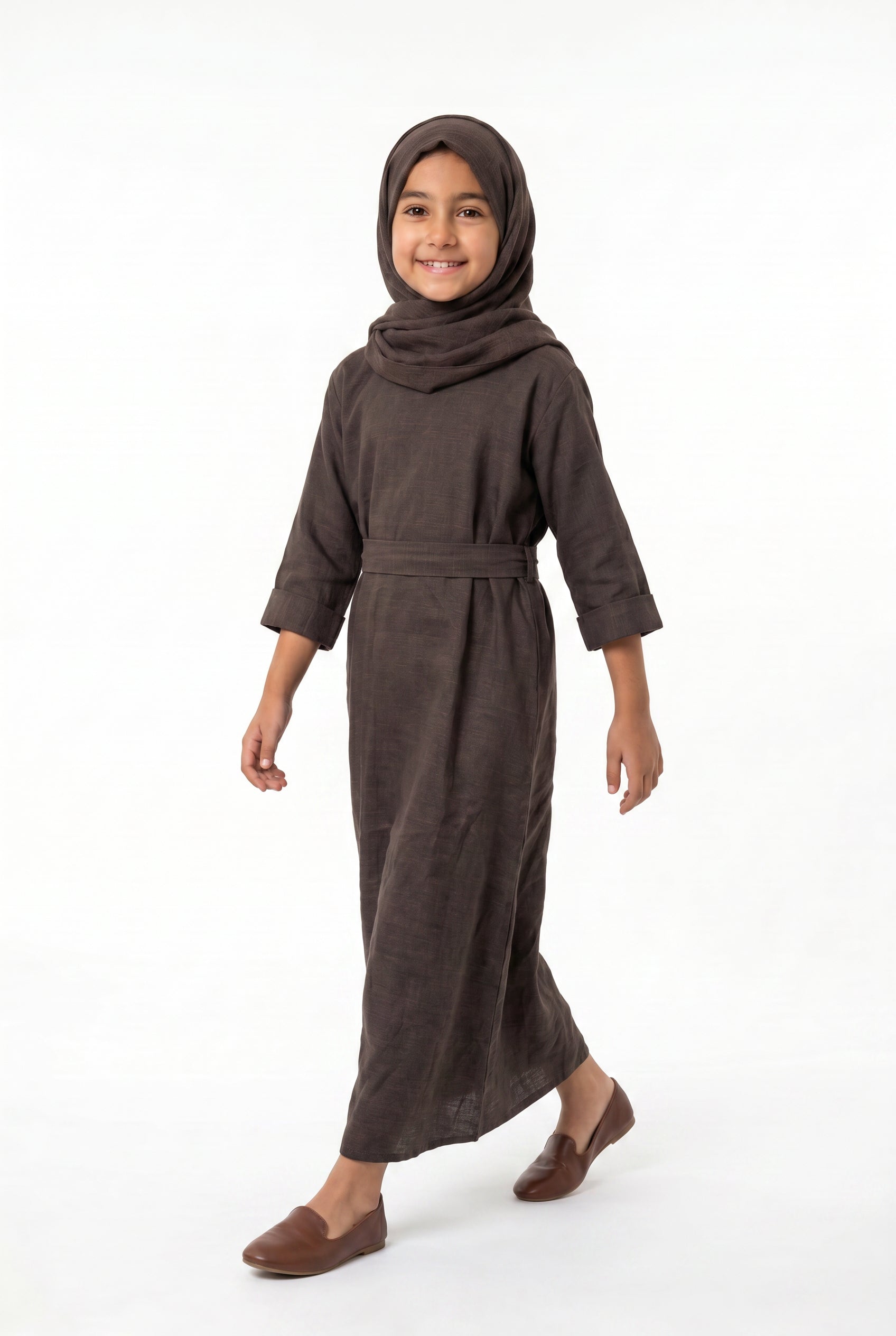 Girls Aaliyah Linen Abaya Chocolate Brown 559k Col 10