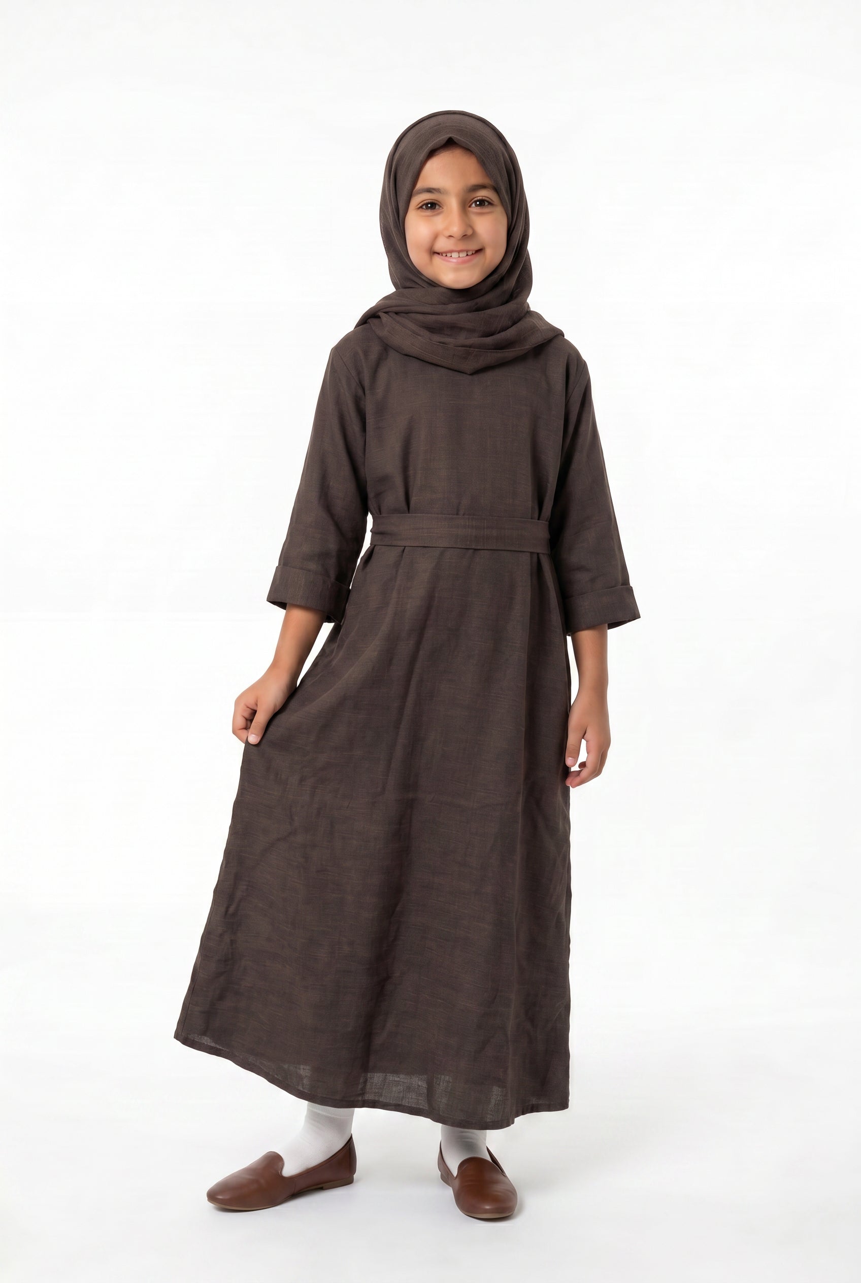 Girls Aaliyah Linen Abaya Chocolate Brown 559k Col 10