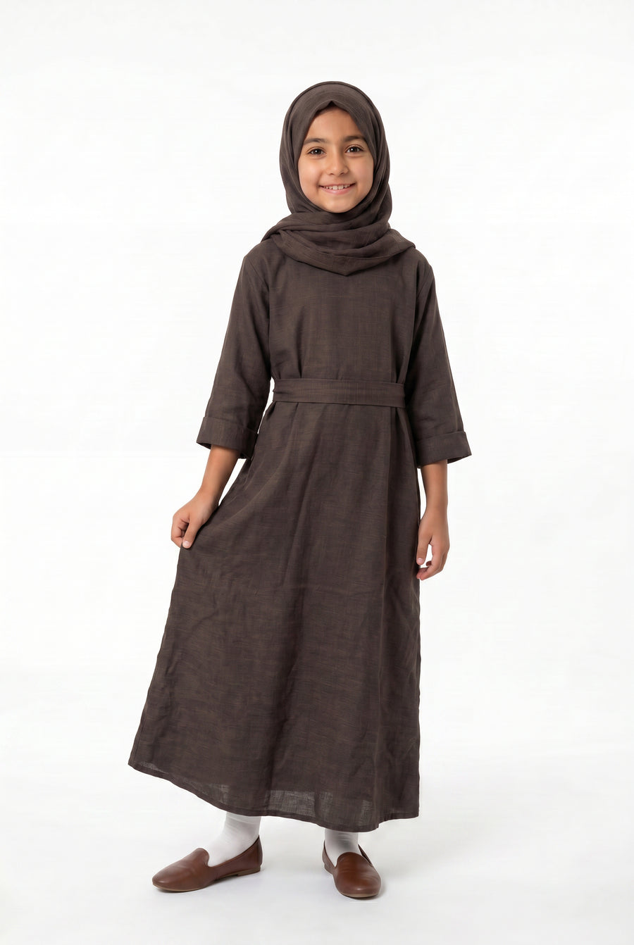 Girls Aaliyah Linen Abaya Chocolate Brown 559k Col 10